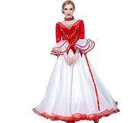 Vestido de Baile Moderno Acampanado, for vals, Tango, Vestidos de competición Suaves, Conjunto de Falda Completa Adornado con Diamantes de imitación for presentaciones grupales, Rojo, M