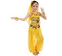Vestido de baile oriental para niños traje de baile bollywood niña Belly Dance indio 6 unids Top+Vestido+Adorno de cabez Bufand Cinturón 7-10 años, 1 amarilla., 5-6 Años