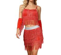 Vestido de baile para mujer, salsa latina con flecos, juego de 3 piezas, minifalda de rendimiento, escenario, carnaval, fiesta, carnaval, disfraz, lentejuelas, falda de borla, sexy traje de baile
