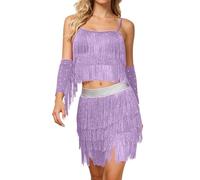 Vestido de baile para mujer, salsa latina con flecos, juego de 3 piezas, minifalda de rendimiento, escenario, carnaval, fiesta, carnaval, disfraz, lentejuelas, falda de borla, sexy traje de baile