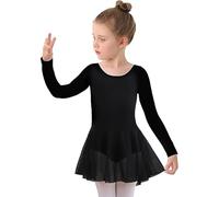 Vestido de ballet de manga larga, leotardo de baile, tutú para niños pequeños, práctica de rendimiento, suave, elástico, cómodo, Negro, 8-9 años