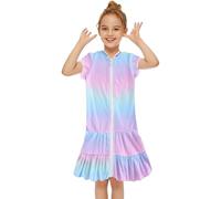 Vestido de Baño para Niñas 2026 con Cremallera, Traje de Playa Arcoíris con Capucha, Bata de Natación Ligera para Verano (Light Blue, 7-8 Years)