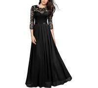 Vestido De Banquete De Fiesta De Boda De Encaje Elegante para Mujer Moda Sexy Negocios Casual Cuello Redondo Cintura Color Sólido Vestidos Largos (Nero,L)