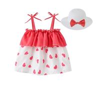 Vestido de bautizo para bebé niña primavera verano niña atar tirantes fuera del hombro fresa cereza vestido floral y sombrero de sol princesa conjunto, Rosa claro., 1-2 años