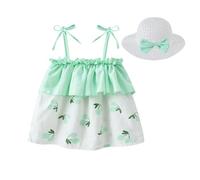 Vestido de bautizo para bebé niña primavera verano niña atar tirantes fuera del hombro fresa cereza vestido floral y sombrero de sol princesa conjunto, Verde claro., 3-4 años