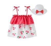 Vestido de bautizo para bebé niña primavera verano niña atar tirantes fuera del hombro fresa cereza vestido floral y sombrero de sol princesa conjunto, rojo, 3-4 años