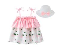 Vestido de bautizo para bebé niña primavera verano niña atar tirantes fuera del hombro fresa cereza vestido floral y sombrero de sol princesa conjunto, Rosa., 3-4 años