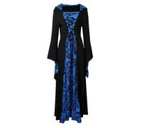 Vestido de bruja medieval para mujer, estilo gótico, con capucha, murciélago, manga larga, estampado retro, estilo artístico, con lazo en la cintura, ajuste holgado, para fiesta de Halloween