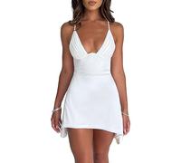 Vestido de cami de color sólido de verano para mujer, seda de satén liso, corte bajo, mini vestido de manga de una sola pieza Club de una pieza, E White Dress, M