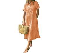 Vestido de camisa abotonado con solapa a rayas y bolsillos funcionales, vestido de camisa largo de verano con ajuste suelto (Naranja, XL)