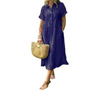 Vestido de camisa con solapa a rayas y botones con bolsillos funcionales, vestido de camisa maxi de ajuste suelto de verano (Azul marino, M)