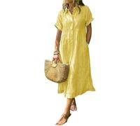 Vestido de camisa con solapa a rayas y botones con bolsillos funcionales, vestido de camisa maxi de ajuste suelto de verano (Amarillo, M)