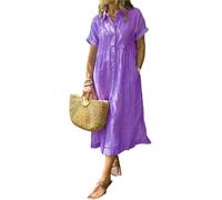 Vestido de camisa con solapa a rayas y botones con bolsillos funcionales, vestido de camisa maxi de ajuste suelto de verano (Morado, L)