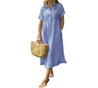 Vestido de camisa con solapa a rayas y botones con bolsillos funcionales, vestido de camisa maxi de ajuste suelto de verano (Azul, XXL)
