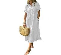 Vestido de camisa con solapa a rayas y botones con bolsillos funcionales, vestido de camisa maxi de ajuste suelto de verano (Blanco, L)
