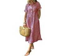 Vestido de camisa con solapa a rayas y botones con bolsillos funcionales, vestido de camisa maxi informal de ajuste suelto de verano (Rojo, M)