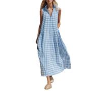 Vestido de camisa para mujer a cuadros sin mangas, vestido largo para mujer, cuello alto, con botones, bolsillos laterales, diseño de Vichy Vestido abotonado, falda suelta Trapeze Fluido para verano