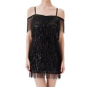 Vestido de carnaval sin mangas con flecos para fiesta elegante con dobladillo de borla de lentejuelas, perfecto para baile latino, club, actuación, espectáculo de escenario y eventos especiales, Negro