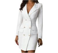 Vestido de Chaqueta para Mujer Elegante botón de Manga Larga Blazer de Color sólido Moda Oficina de Negocios Vestidos de Chaqueta con Doble Botonadura Delgados (Blanco,XL)