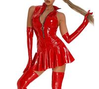 Vestido de charol para mujer, de piel, con cremallera, minivestido sexy, lencería de látex, aspecto mojado, sin mangas, realza la figura, camisón de poliuretano, lencería sexy para el cuello, bodoll