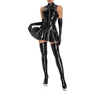 Vestido de charol para mujer, sexy, de látex, con cremallera, minivestido, aspecto mojado, sin mangas, realza la figura, camisón de PU para fiesta, bodycon corto, pelele de una pieza, O negro., M