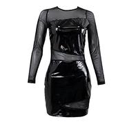 Vestido de charol Wetlook para mujer Ver a través de vestidos recortados de patchwork de malla transparente,Black,S