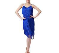 Vestido de cóctel con tirantes de espagueti con lentejuelas y flecos para fiesta latina traje de baile para espectáculo escénico o competición vestido de baile, azul, XXL