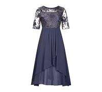 Vestido de cóctel de las mujeres de encaje gasa largo con cuello en v una línea de vestido de manga corta plisado elegante vestido de novia asimétrico vestido de noche, morado, XXL