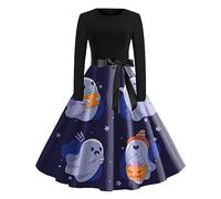 Vestido de cóctel para mujer con estampado de Halloween- Vestido retro de manga larga Midi con cinturón casual vestido para fiesta fiesta club vintage corte renacentista victoriana carnaval Dress