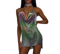 Vestido de cóctel para mujer, corto, con purpurina, vestido de fiesta, sexy, minivestido de lentejuelas metálico, sin mangas, cuello en V, vestido brillante con estrás, vestido de Nochevieja, b, L
