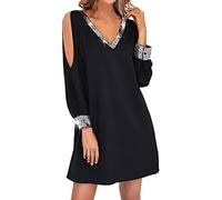 Vestido de Cóctel para Mujer, de Escote en V Profundo con Lentejuelas, Corto, Negro de retales de Malla con Manga Larga Transparente para Fiesta Club (#05, L)