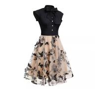 Vestido de cóctel para mujer, elegante vestido de manga con vuelo, dobladillo de malla bordado de mariposa en 3D y cuello de camisa con botones, vestido de fiesta acampanado para invitados de boda