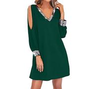 Vestido de Cóctel para Mujer Vestido de Escote en V Profundo con Lentejuelas Vestido Corto de Fiesta Vestido Negro de retales de Malla con Manga Larga Transparente para Fiesta Club(#05 Verde,M)