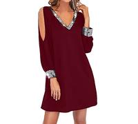 Vestido de Cóctel para Mujer Vestido de Escote en V Profundo con Lentejuelas Vestido Corto de Fiesta Vestido Negro de retales de Malla con Manga Larga Transparente para Fiesta Club(#05 Vino,XL)
