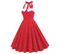 Vestido de Cóctel Vintage de Los Años 50 para Mujer Una Línea Sin Mangas Cuello Halter Lunares Retro Rockabilly Vestido de Columpio hasta la Rodilla Vestido de Fiesta de Boda Rojo S