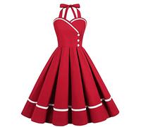 Vestido de Cóctel Vintage de Los Años 50 para Mujer Una Línea Sin Mangas Cuello Halter Lunares Retro Rockabilly Vestido de Columpio hasta la Rodilla Vestido de Fiesta de Boda Rojo Oscuro M