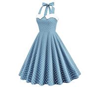 Vestido de Cóctel Vintage de Los Años 50 para Mujer Una Línea Sin Mangas Cuello Halter Lunares Retro Rockabilly Vestido de Columpio hasta la Rodilla Vestido de Fiesta de Boda Azul Claro S