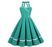 Vestido de Cóctel Vintage de Los Años 50 para Mujer Una Línea Sin Mangas Cuello Halter Lunares Retro Rockabilly Vestido de Columpio hasta la Rodilla Vestido de Fiesta de Boda Verde S