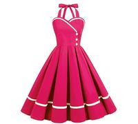 Vestido de Cóctel Vintage de Los Años 50 para Mujer Una Línea Sin Mangas Cuello Halter Lunares Retro Rockabilly Vestido de Columpio hasta la Rodilla Vestido de Fiesta de Boda Rosa Caliente M