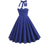 Vestido de Cóctel Vintage de Los Años 50 para Mujer Una Línea Sin Mangas Cuello Halter Lunares Retro Rockabilly Vestido de Columpio hasta la Rodilla Vestido de Fiesta de Boda Azul Oscuro XL