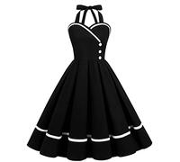 Vestido de Cóctel Vintage de Los Años 50 para Mujer Una Línea Sin Mangas Cuello Halter Lunares Retro Rockabilly Vestido de Columpio hasta la Rodilla Vestido de Fiesta de Boda Negro S