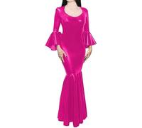 Vestido De Cola De Pez De Manga Acampanada De Noche Con Cuello Redondo Profundo De PVC Vestidos Para Fiesta Y Club Nocturno,Rosa Roja,XS