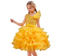 Vestido de con Lentejuelas y Hombros Descubiertos para Niñas Falda Tutú Corta de Cóctel Escalonada (c-Yellow, 3-4 Years)