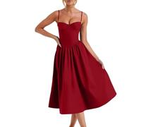 Vestido de corsé para mujer, vestido midi con tirantes delgados formal, corsé fluido, con dobladillo plisado, vestido rojo sexy, rojo, S
