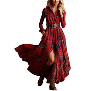 Vestido de cuadros retro francés, elegante y fluido, estilo midi de línea A, tejido suave y transpirable, ajuste cómodo, atuendo diario, rojo, L