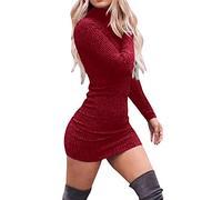 Vestido De Cuello Alto for Mujer, Color Sólido con Parte Inferior Punto Manga Larga Y Caderas, Corto Sexy Delgado(Wine Red,XXL)