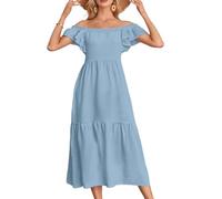 Vestido de cuello cuadrado con hombros descubiertos y dobladillo con volantes, vestido midi casual de verano con mangas con volantes, vestido plisado liso suelto para mujer, azul, L