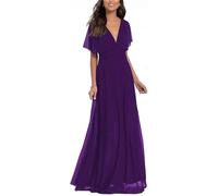 Vestido de dama de honor de boda, manga corta, cuello en V, vestido de fiesta de noche para mujeres jóvenes, Deep Purple, 56