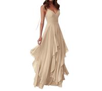 Vestido de dama de honor de gasa para mujer, vestido plisado con cuello en V, vestidos de cóctel, vestidos de vacaciones, talla grande, champán, 42