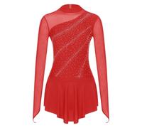Vestido de Danza artística for Mujer, Ideal for Patinaje artístico, Ballet lírico y Gimnasia. Leotardo Tipo tutú Manga Larga con Malla Brillante pedrería(Red,XXL)